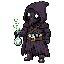 Corvus, hooded plague doctor with green glowing eyes